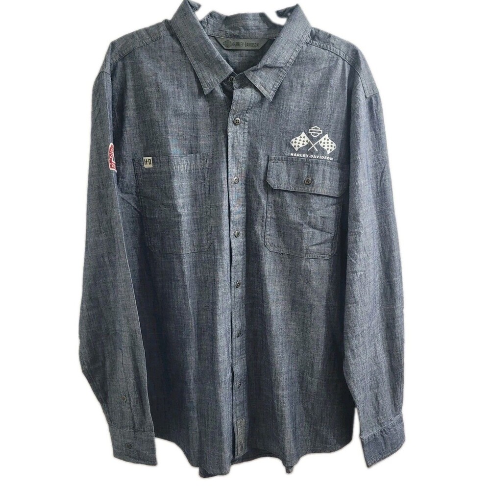 NWT Harley Davidson XL Retro Race Flag Chambray Button Shirt Slim Fit Cotton